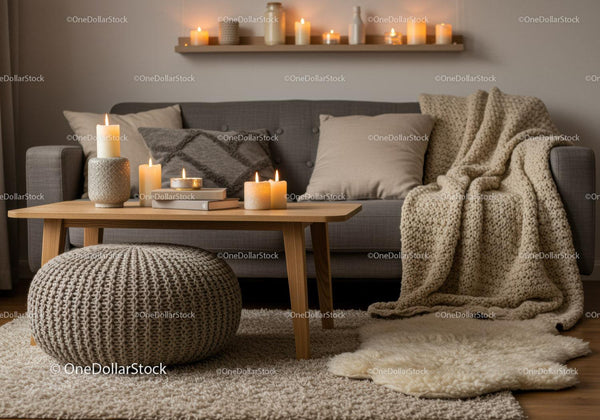 Cozy living room with candles and knitted decor