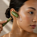 Close-up of Women Using Jade Facial Roller for Skincare and Relaxation