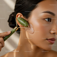 Close-up of Women Using Jade Facial Roller for Skincare and Relaxation