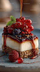 Creamy Cheesecake with Berry Topping Drizzled with Chocolate Syrup