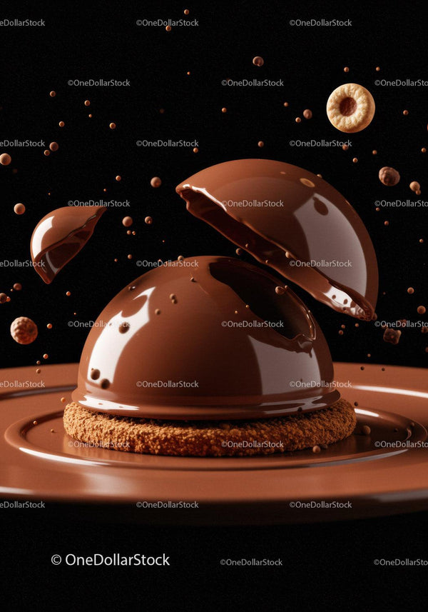 Chocolate Dome Breaking Over Crunchy Cookie on Plate