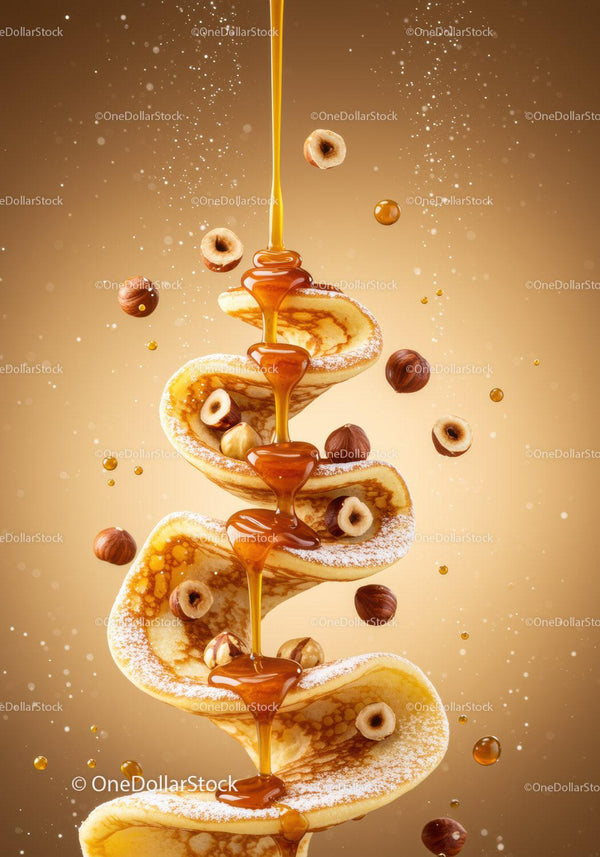 Spiral stack of pancakes with hazelnuts and caramel drizzle