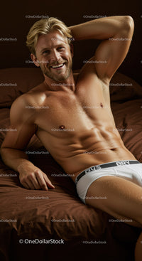 Smiling man relaxing on bed in white underwear