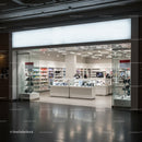 Modern electronics store with sleek glass display cases