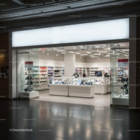 Modern electronics store with sleek glass display cases