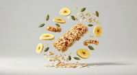 Granola Bar with Banana Chips and Seeds Floating on Gray