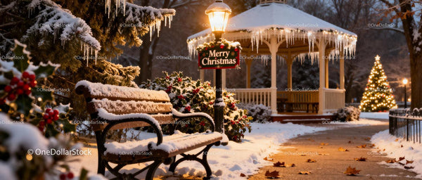 Snowy Park Bench and Christmas Decor at Twilight