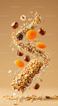 Crunchy granola bar with nuts and dried fruits in motion