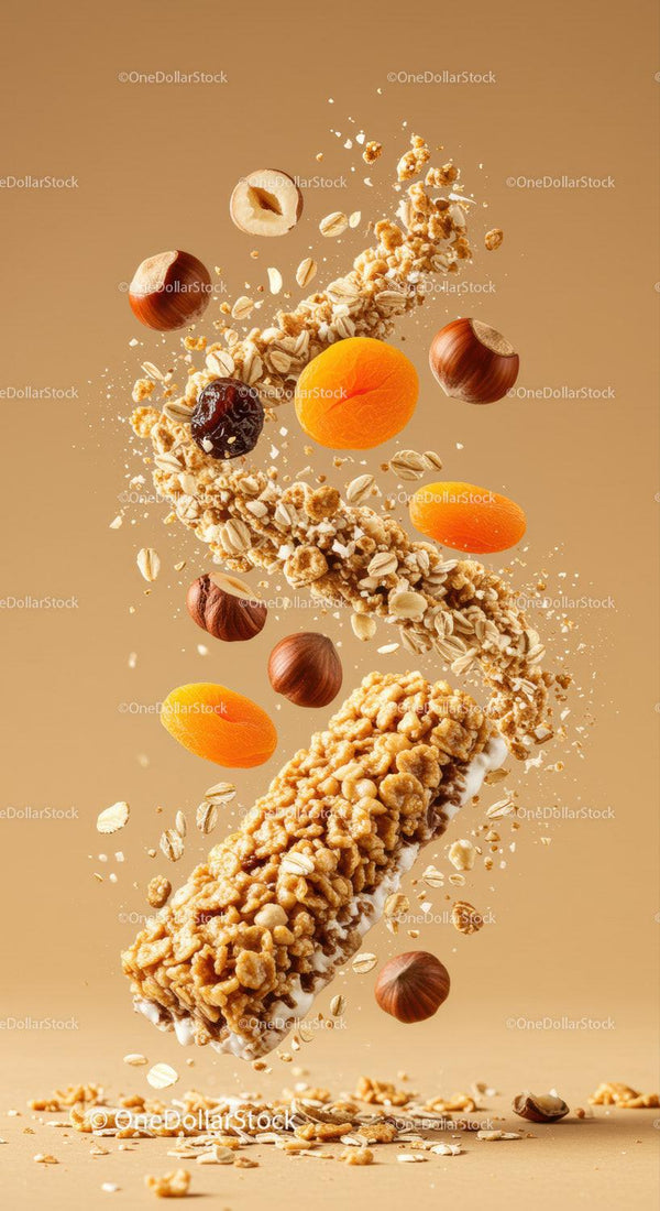 Crunchy granola bar with nuts and dried fruits in motion