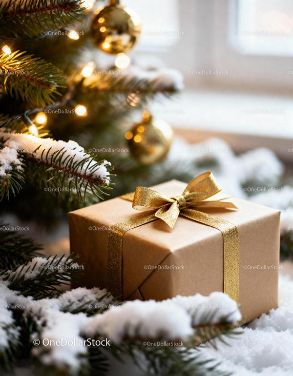 Christmas gift wrapped with golden ribbon near snowy pine tree