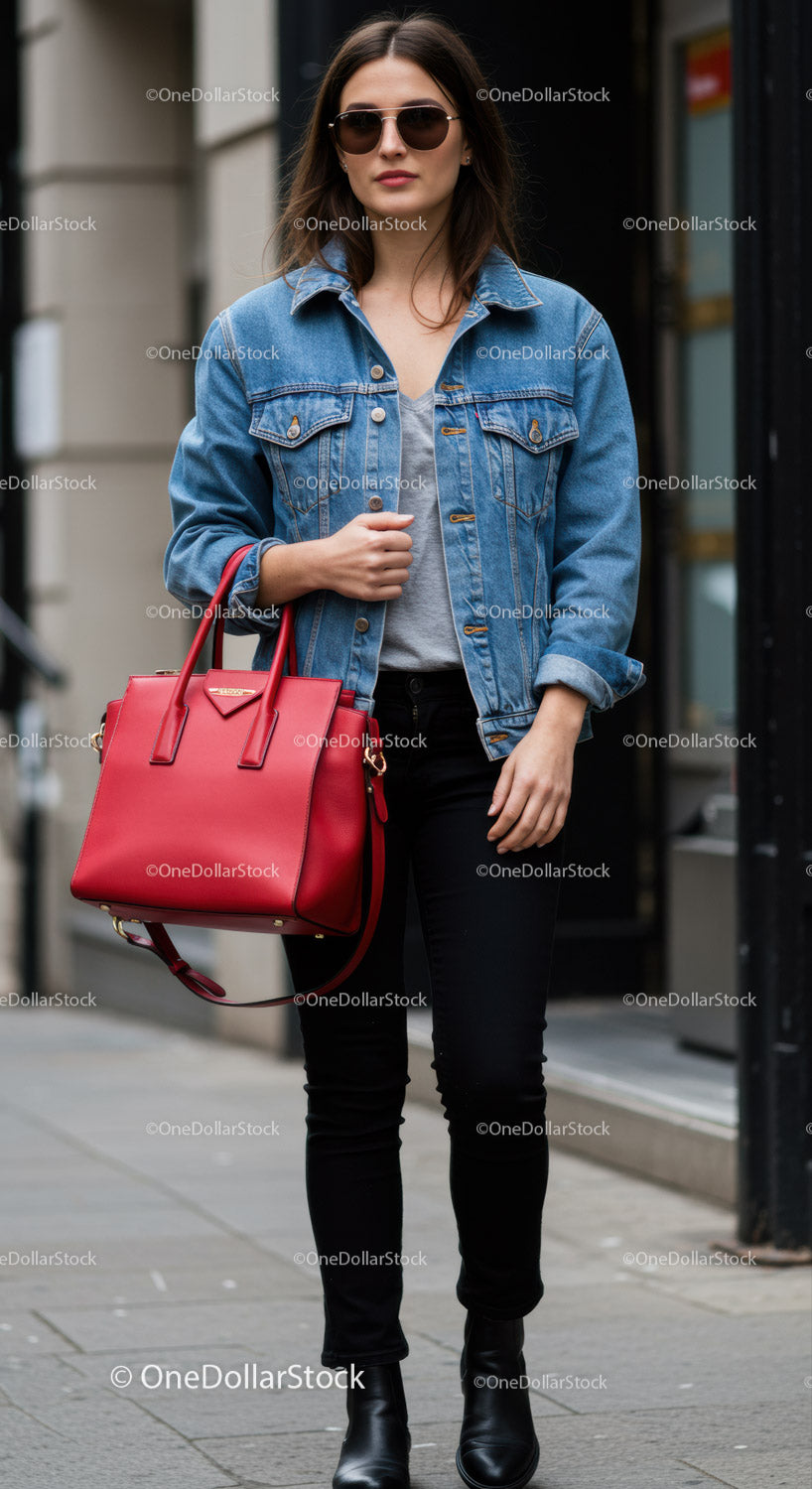 Stylish Woman in Denim Jacket and Red Handbag on City Street