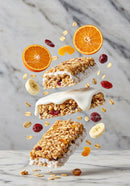 Floating granola bars with fresh fruit and yogurt drizzle