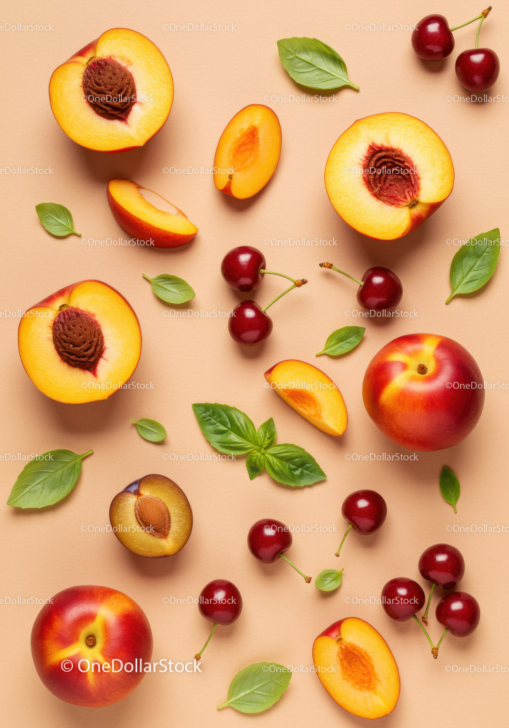 Fresh peaches cherries and green basil leaves layout