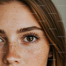 Close-Up of a Freckled Woman with Vibrant Brown Eyes and Long Lashes