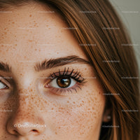 Close-Up of a Freckled Woman with Vibrant Brown Eyes and Long Lashes