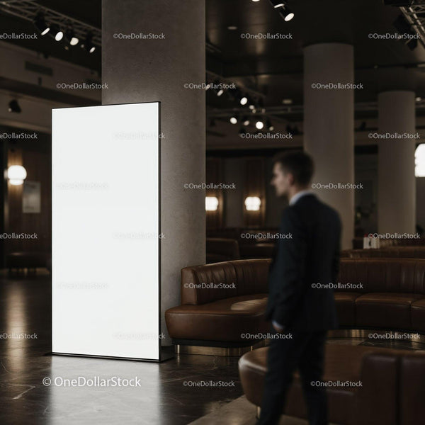 Businessman walking past empty digital advertising board indoors JPG Mockup Image