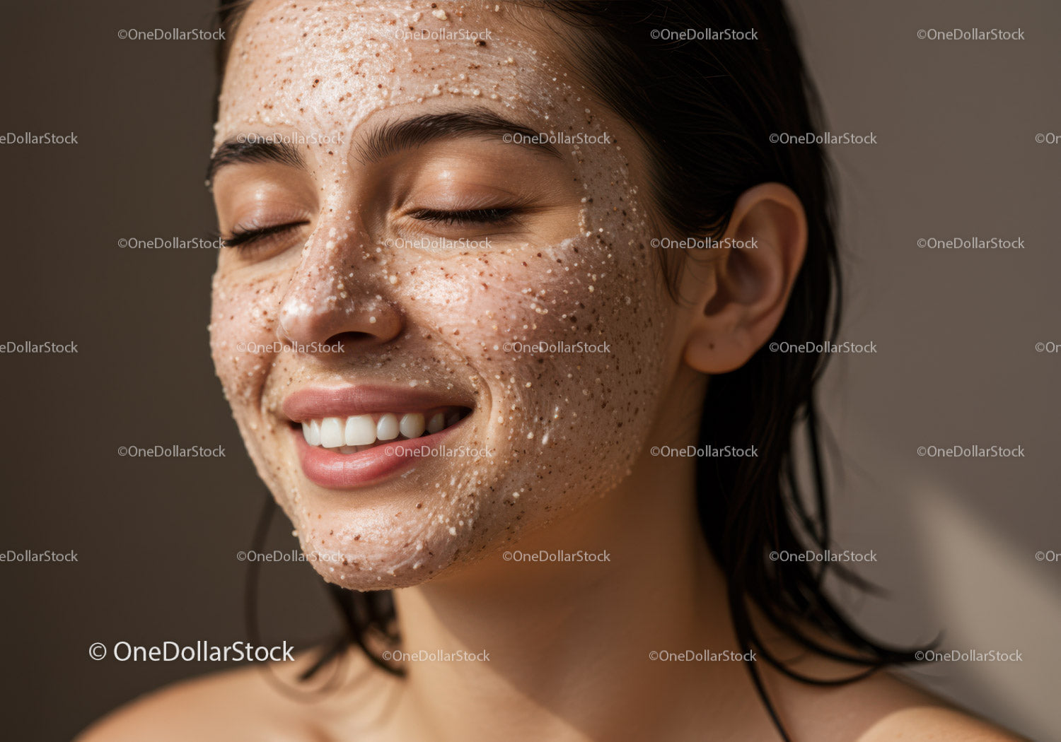 Close-up of Woman Smiling with Facial Skin Care Mask and Healthy Skin