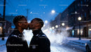 Couple sharing a tender kiss on snowy winter evening