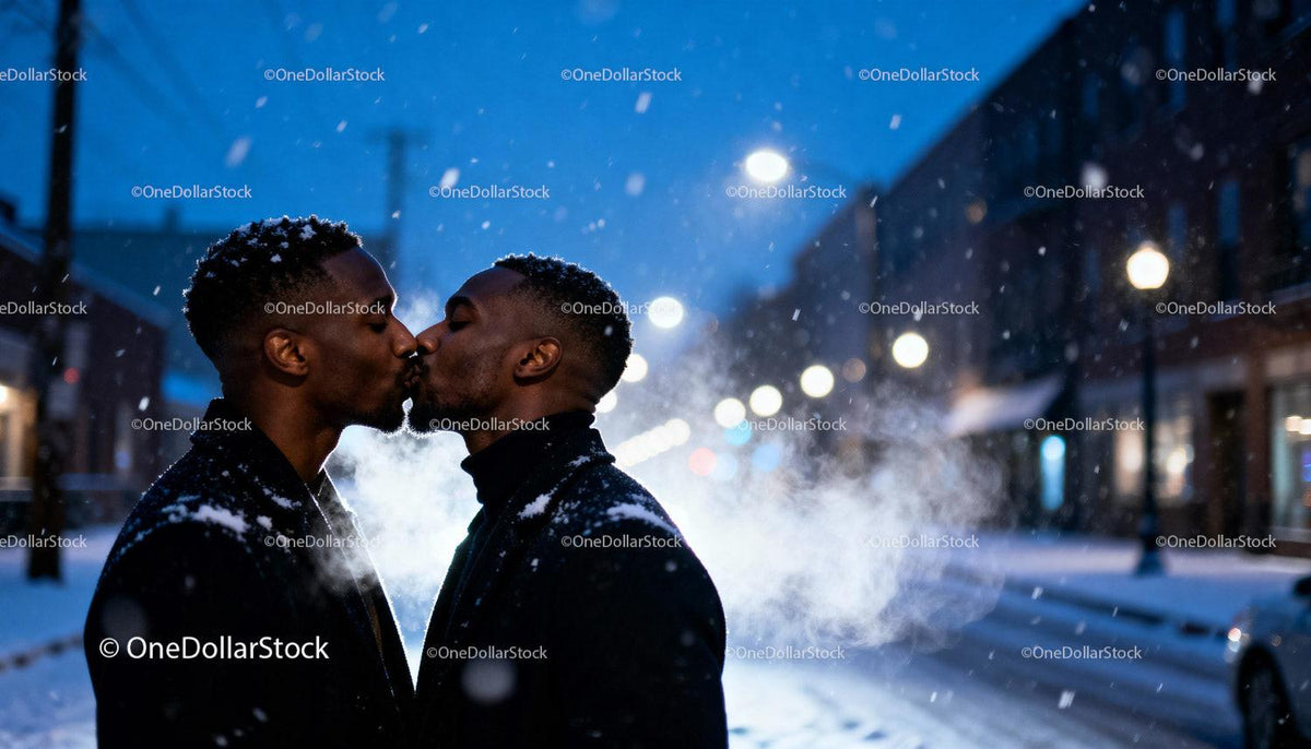 Couple sharing a tender kiss on snowy winter evening