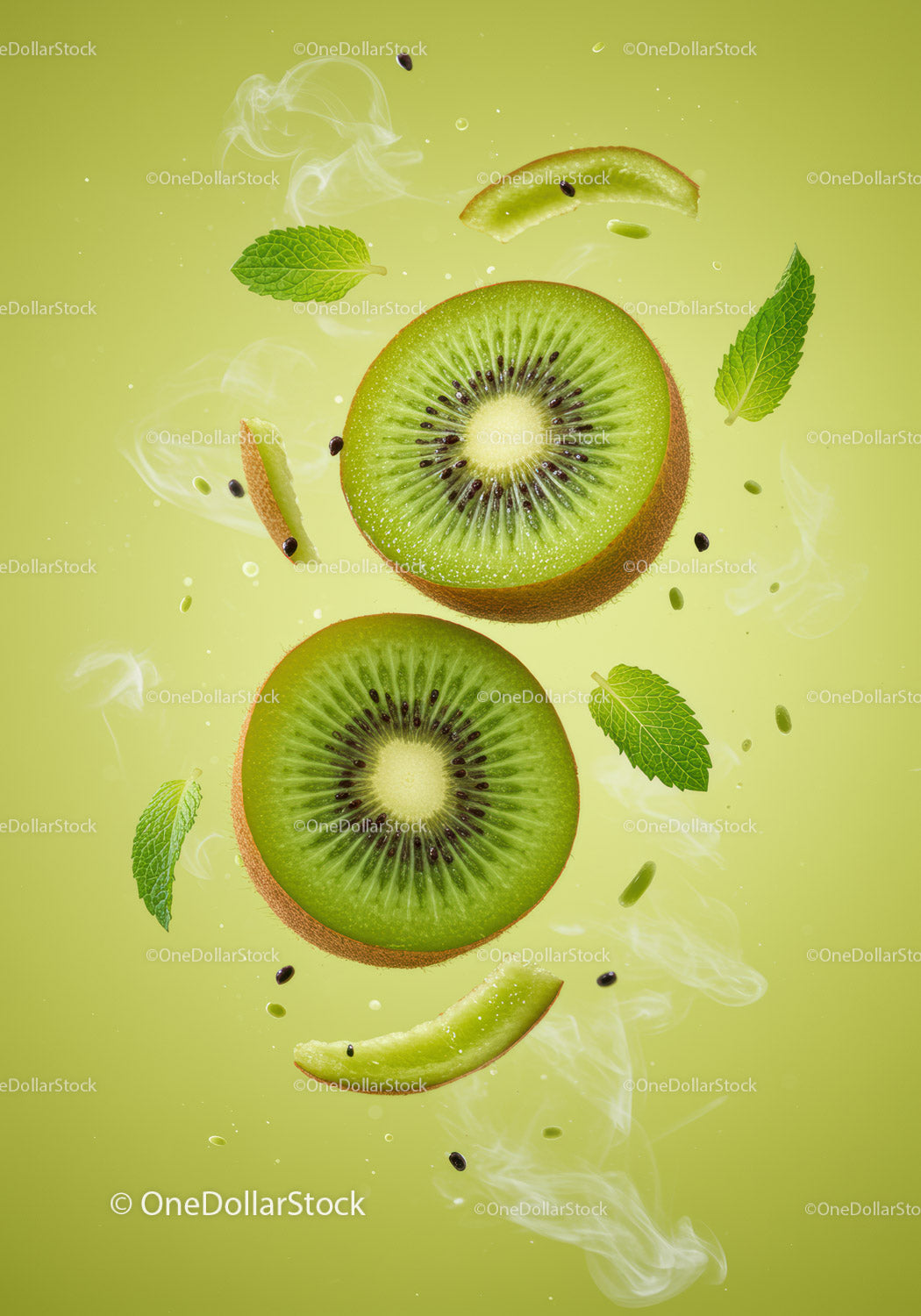 Fresh Kiwi Slices with Mint Leaves in Air