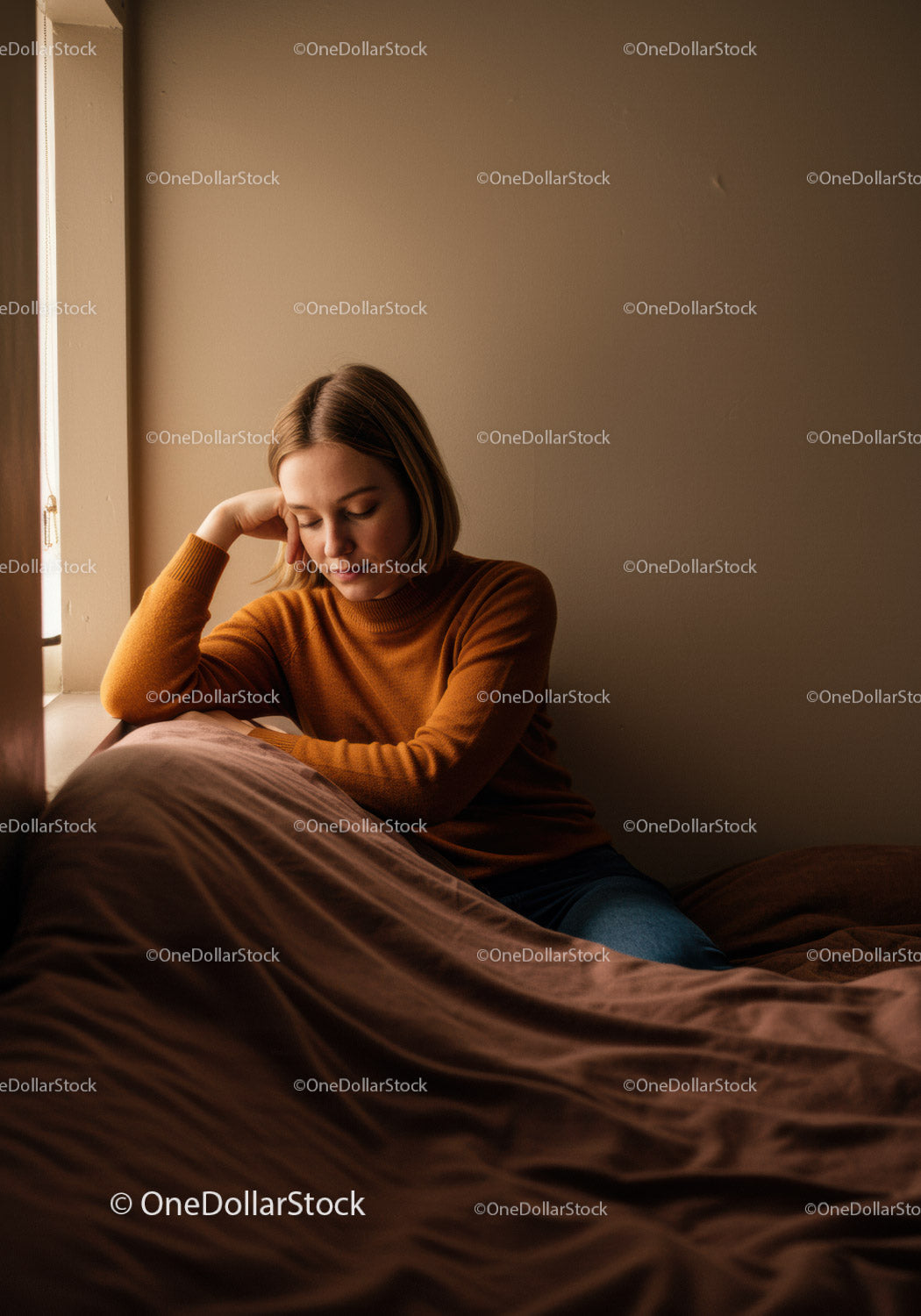 Contemplative Young Woman Sitting in Cozy Bedroom with Natural Light