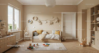 Cozy Modern Children's Bedroom with Wooden Furniture and Playful Decor