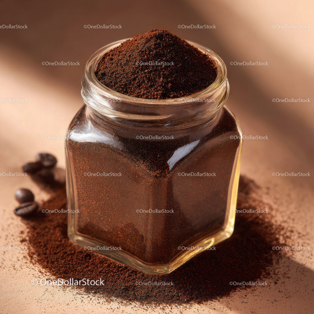Close-up of Coffee Grounds in Glass Jar with Rich Brown Color