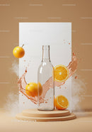 Clear glass bottle with fresh orange splash on beige stand