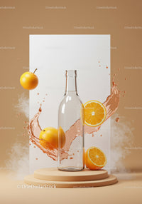 Clear glass bottle with fresh orange splash on beige stand