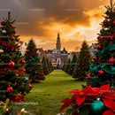 Christmas Trees Decorated Along City Park at Sunset