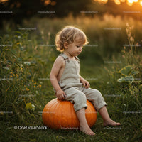 Toddler Sitting Thoughtfully on Large Orange Pumpkin
