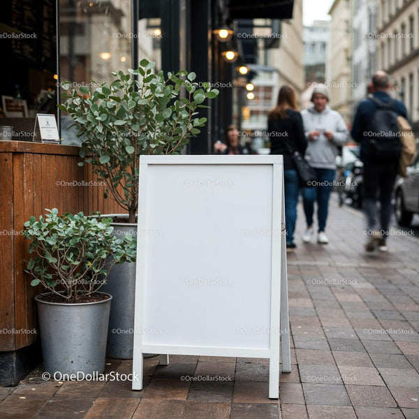 Blank white sandwich board on urban sidewalk with greenery JPG Mockup Image