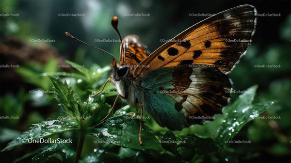 Colorful Butterfly on Leaf in a lush green Jungle Environment