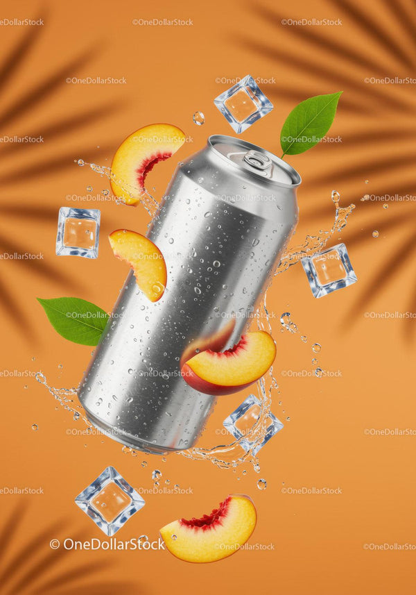 Refreshing Peach Drink in Silver Can with Ice Cubes