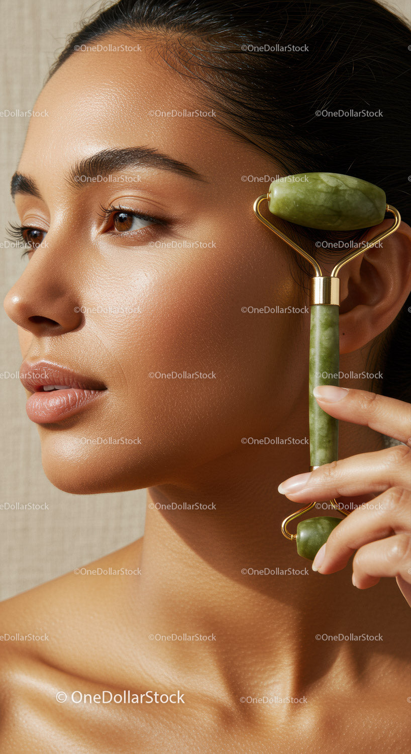 Close-up of Woman Receiving Facial Massage with Jade Roller for Glowing Skin