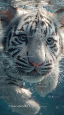 White Tiger Swimming Underwater with Intense Blue Eyes