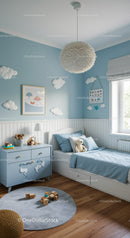 Cozy Blue Nursery with Cloud Wall Decor and Teddy Bear