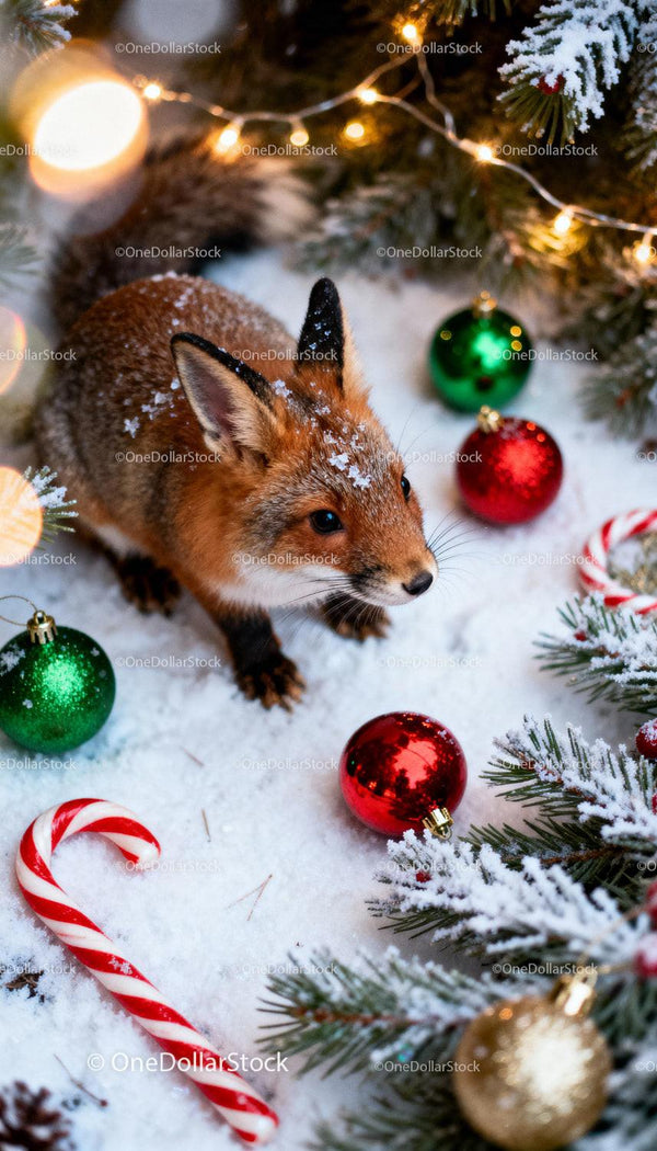 Curious red fox surrounded by festive Christmas decorations