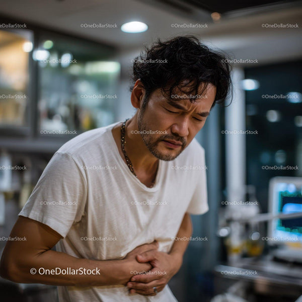 Male Man Experiencing Stomach Pain or Discomfort Indoors
