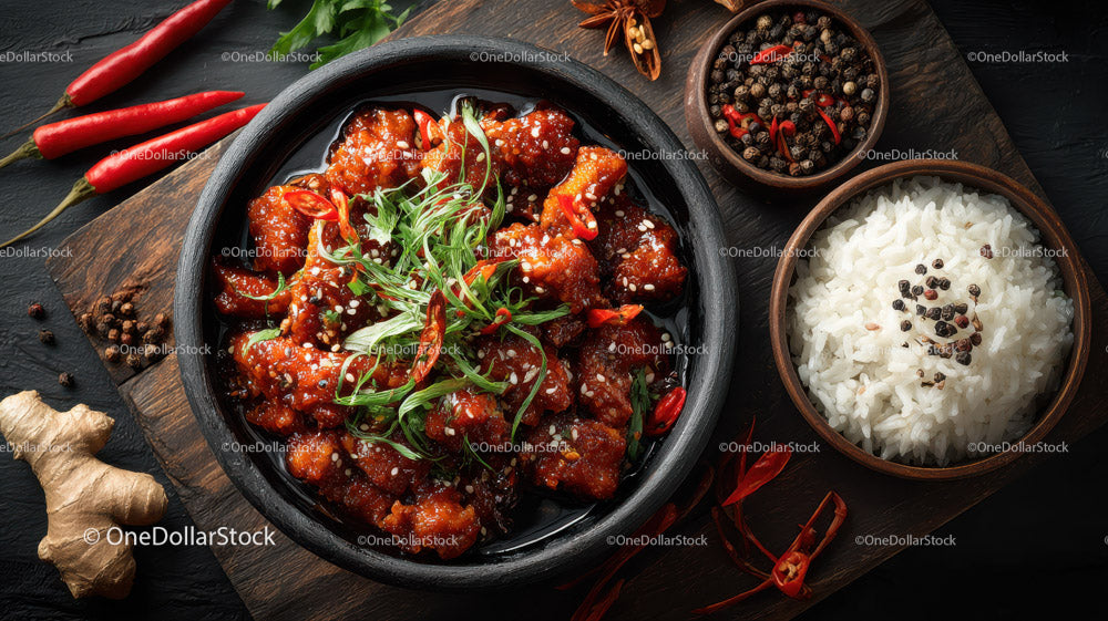 Spicy Asian Beef Stew with Rice and Fresh Herbs in a Black Stone Bowl