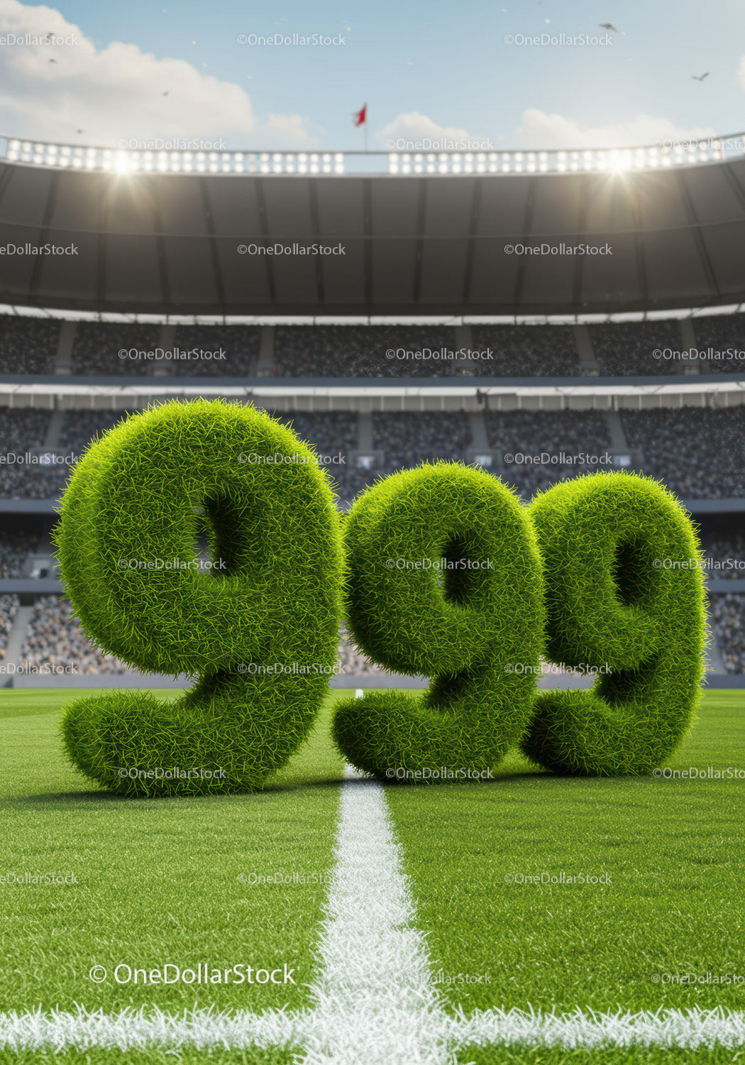 Three grass-covered number nines on a soccer field