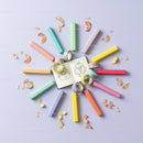 Colorful pastel chalks and creative doodles layout