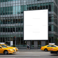 Blank billboard in urban street with yellow taxis passing
