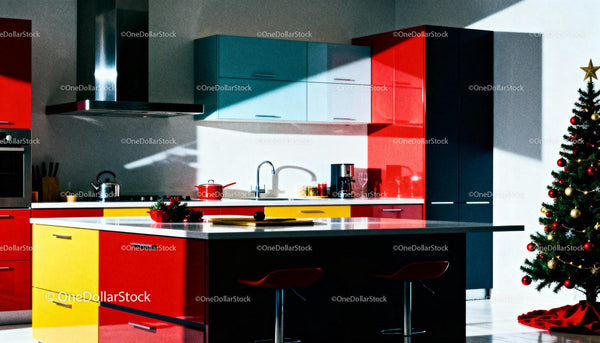 Modern colorful kitchen with festive Christmas tree