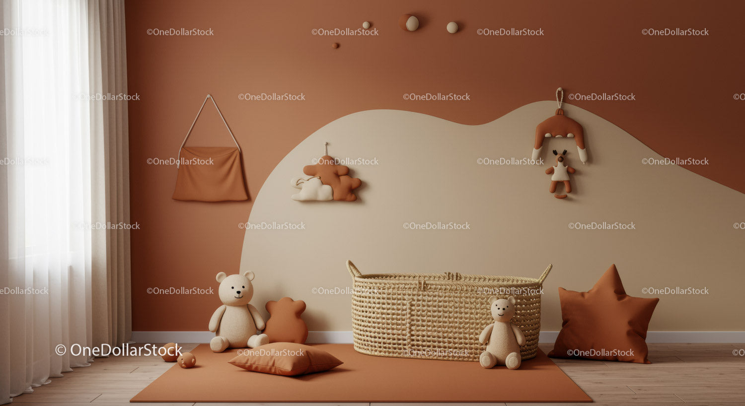 Cute Kids Room with Teddy Bears and Plush Toy Decor in Warm Colors