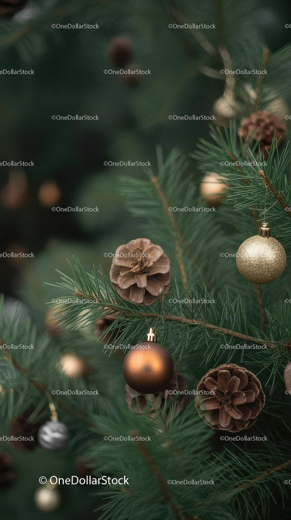 Close-up of Pine Cones and Baubles on Christmas Tree