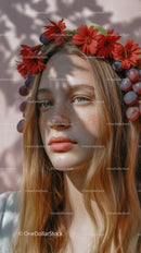 Young Woman with Red Floral Crown and Purple Grapes Outdoor Portrait