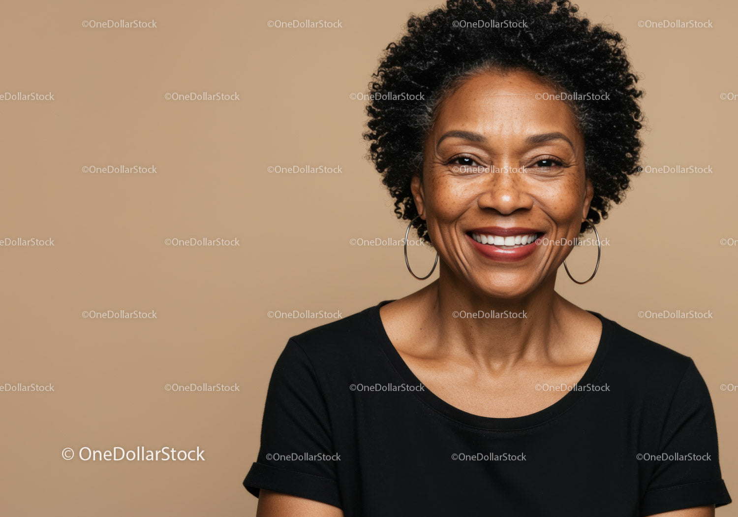 Confident Smiling Woman with Curly Hair and Hoop Earrings