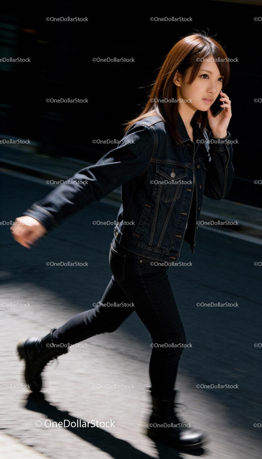 Young woman walking outside while talking on phone