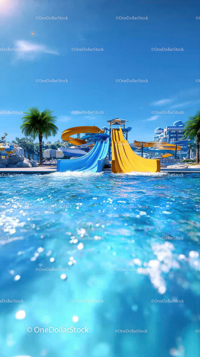 Jasna zjeżdżalnia wodna w parku wodnym Tropical Water Park z błękitnym niebem